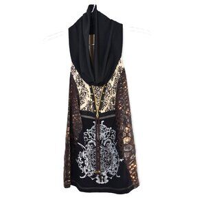 Seven Waves Blouse 2 Womens Cowl Neck Printed T Back Zipper Rhinestone